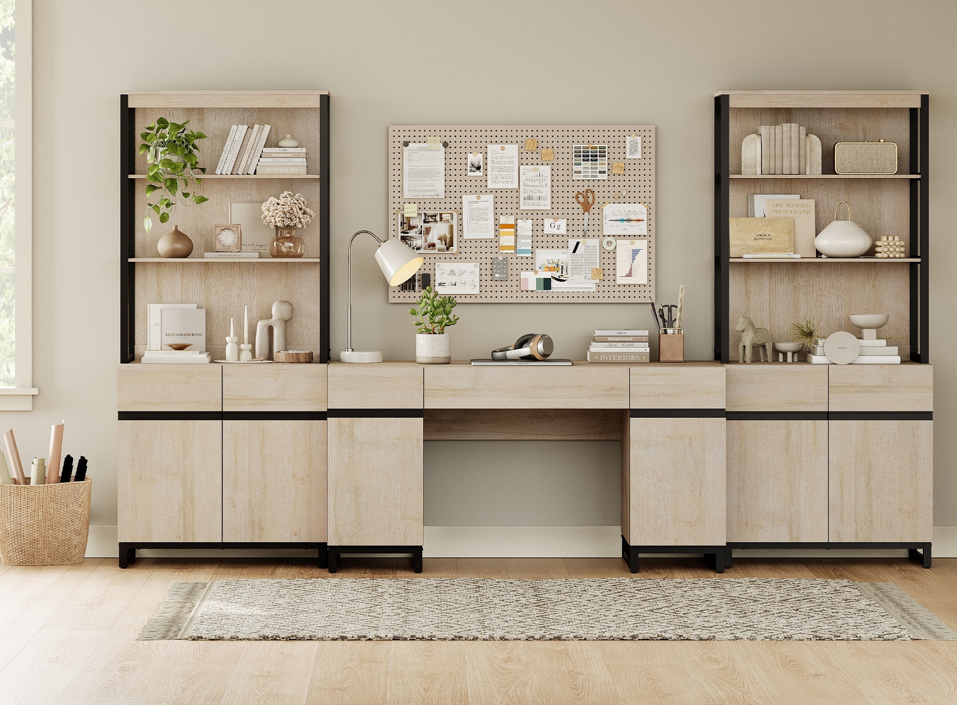 WAMPAT Home Office Set: 59" Modern Desk with Charging Station and Storage Cabinet, 72" Tall Bookcases with Adjustable Shelves, Wood Computer Desk and Library Storage Cabinet for Work Study, Beige