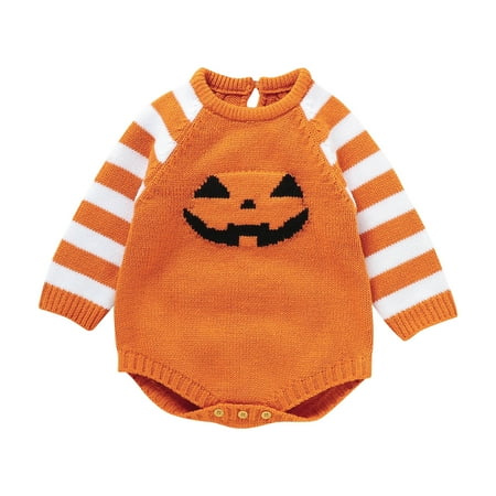 

MQLKF Newborn Infant Baby Girls Boys Crewneck Halloween Outfits Striped Long Sleeve Pumpkin Romper Knitted Sweater Bodysuit Jumpsuit Casual Fashionable Toddler Jumpsuit Clothes