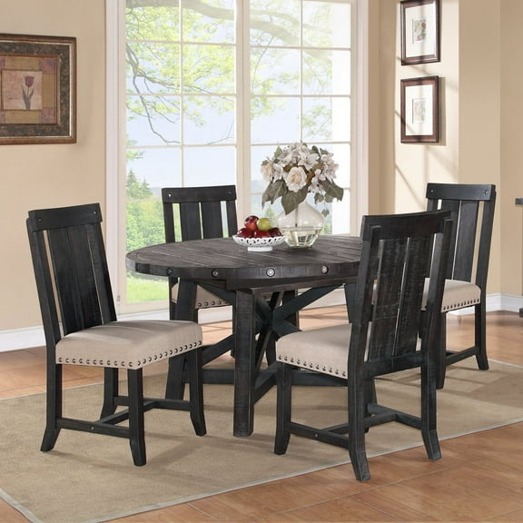Yanez 6PC Round Table, 4 Wood Chair & Sideboard Dining Set in Charcoal - Solid Wood