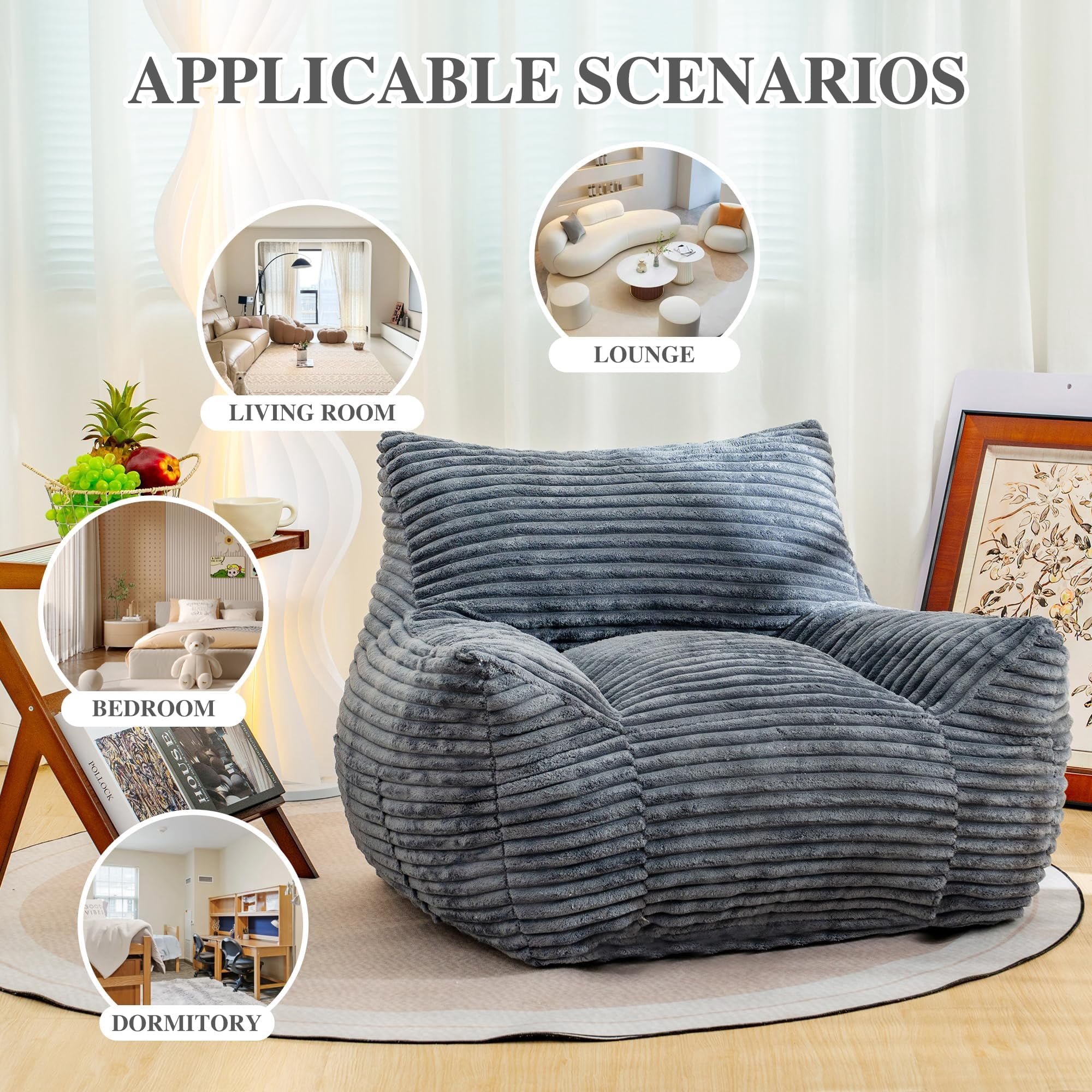 JESTOP Bean Bag Chair for Adults with Armrests, Lazy Floor Sofa Cozy Single Cloud Mini Couch, Corduroy Reading Chair for Living Room Bedroom