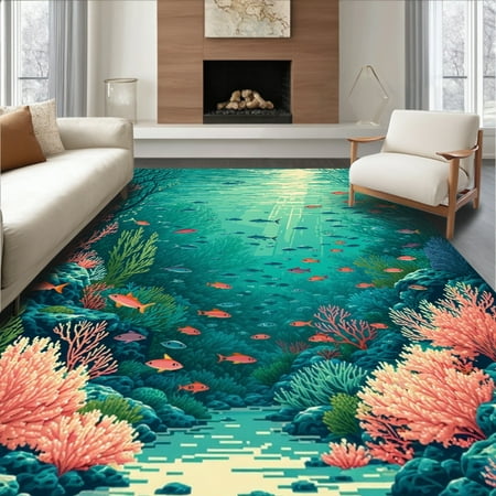 ODIKA 8'x10' Machine Washable Non-Slip Area Rug, Colorful with Interlocking Fish and Coral Designs High Traffic Rug, Teal, 243367