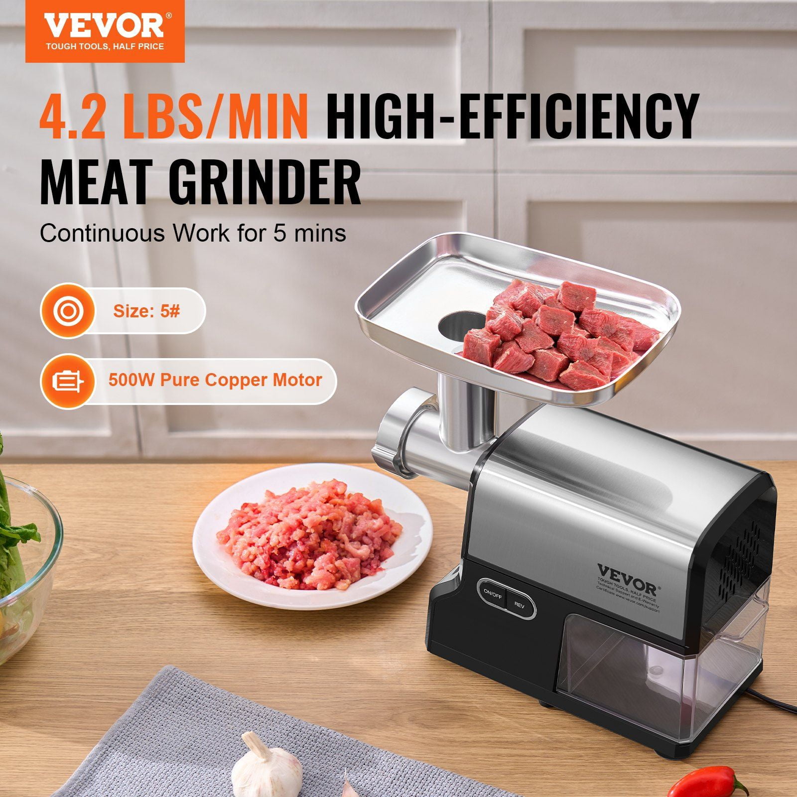 Electric Meat Grinder 4.2 Lbs/Min, 500W Sausage Stuffer Maker, Heavy Duty Home Kitchen Food Processor with 3 Plates - Fast & Easy Ground Meat