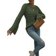 thumbnail image 5 of hirigin Women Trendy Hollow-Out Tops, Crochet Solid Color Crew Neck Long Sleeve Knitted Tops with Flare Cuffs for Ladies, S/M/L/XL, 5 of 9