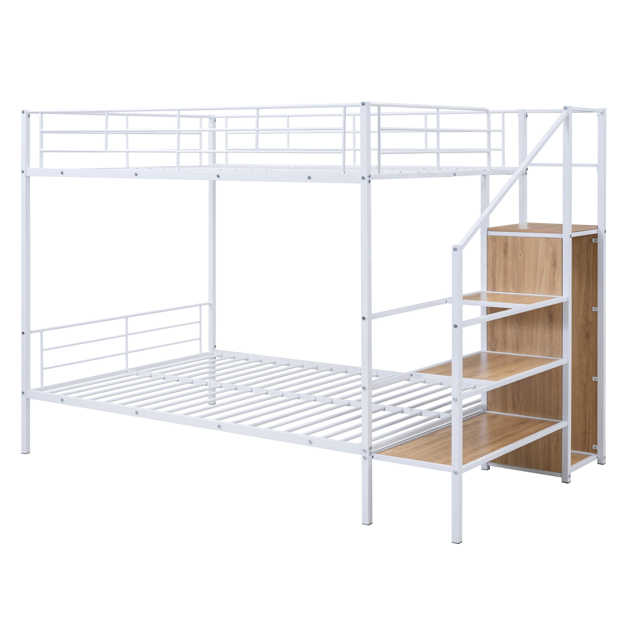 Euroco Metal Full over Full Bunk Bed with Staricase and Open Wardrobe, White