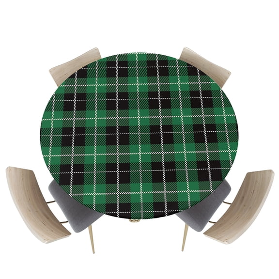 St. Patrick's Day Classic Lattice Plaid Fitted Round Tablecloths Elastic Edged Table Covers 36"-44",Green and Black Buffalo Checker Waterproof Dining Room Table Cloth for Kitchen Holiday Party Tables