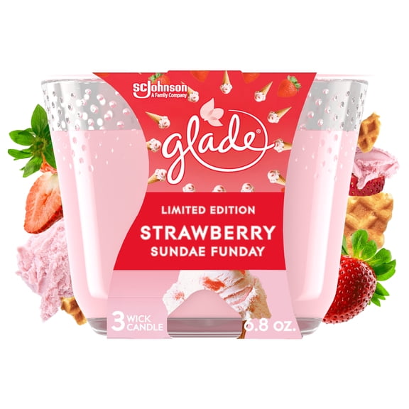 Glade Scented Candle Jar, 3-Wick Candle, Strawberry Sundae Funday Scent, Infused with Essential Oils, Spring Limited Edition Fragrance, Positive Vibes Collection, 1 Candle, 6.8 Oz