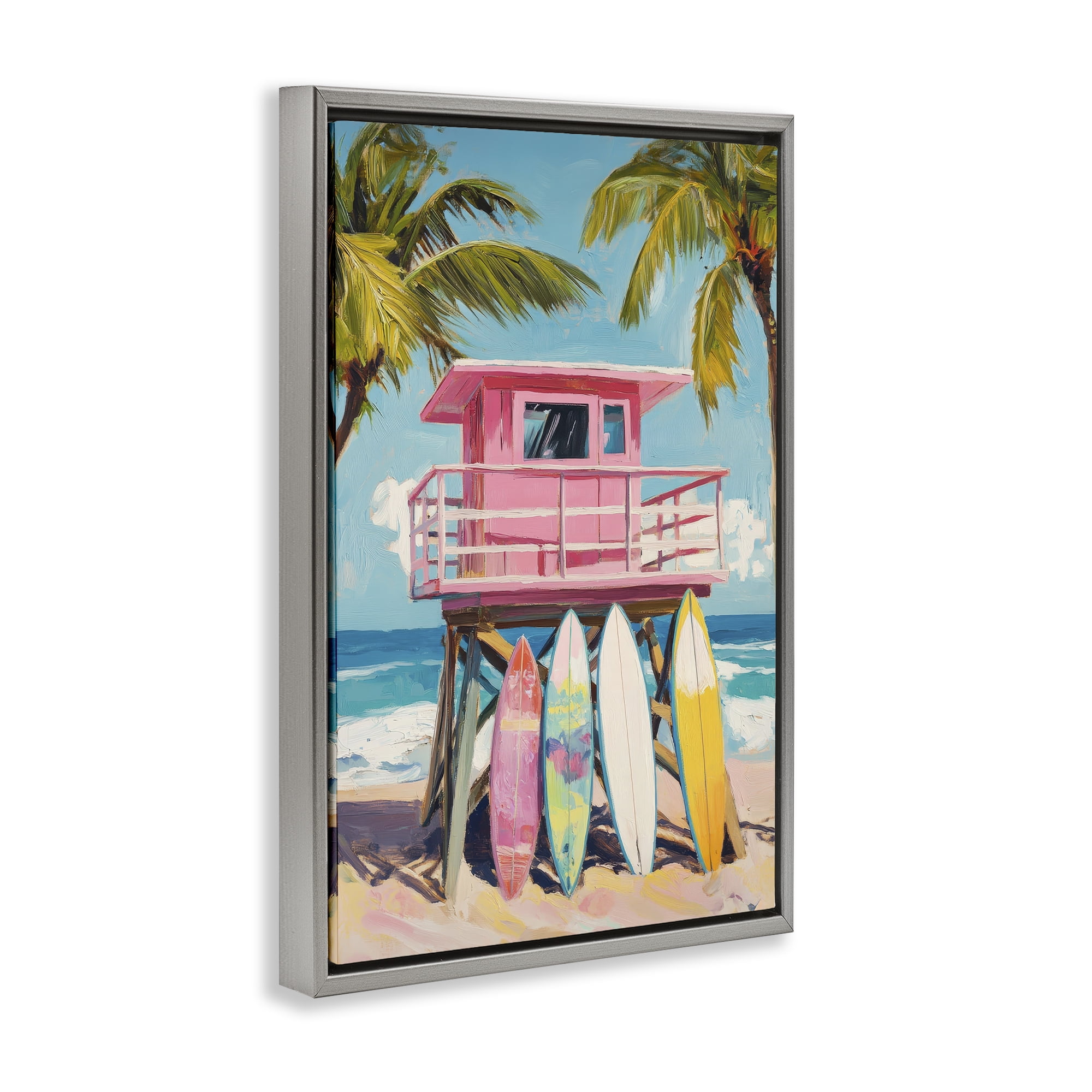 Stupell Industries High Pink Surf Shack Gray Framed Floater Canvas Wall Art, design by Petal Prints Design