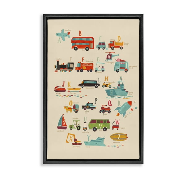 Stupell Industries Varied Transportation Alphabet Education Painting Black Floater Framed Canvas Art Print Wall Art, 17 x 25