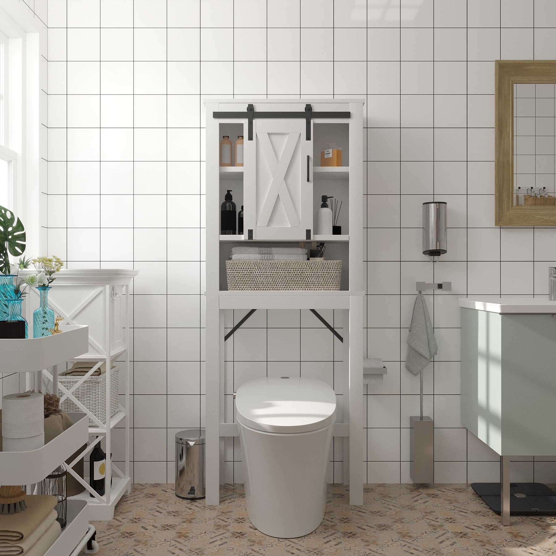 Over The Toilet Storage Cabinet, Farmhouse Storage Cabinet Over Toilet with 2 Barn Door & Toilet Paper Holder Stand,Home Space-Saving Toilet Rack