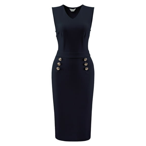 DARING DIVA V Neck Sleeveless Pencil Bodycon Knee Length Dress S Navy Blue