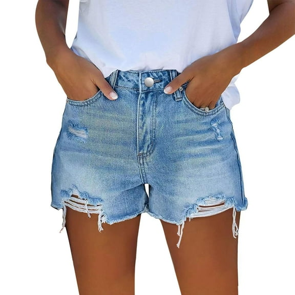 Prolriy Jean Shorts Womens, Women Denim Shorts High Waist Cut Off Ripped Shorts with Pockets Stretchy Distressed Jorts Women's Shorts Blue1 L