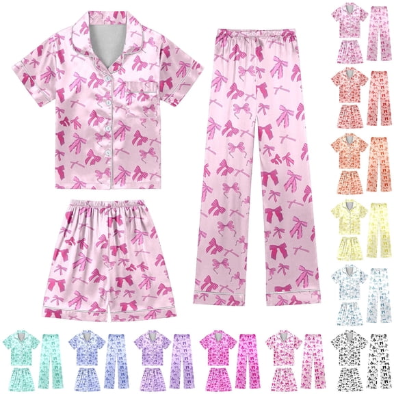CAIXIA Girls Pajama Sets Size 10-12 3 Piece Cartoon Pattern Silk Pants Shorts & Pants with Pockets Comfort Sleepwear Loungewear Sets Kids Nightwear,33-Beige