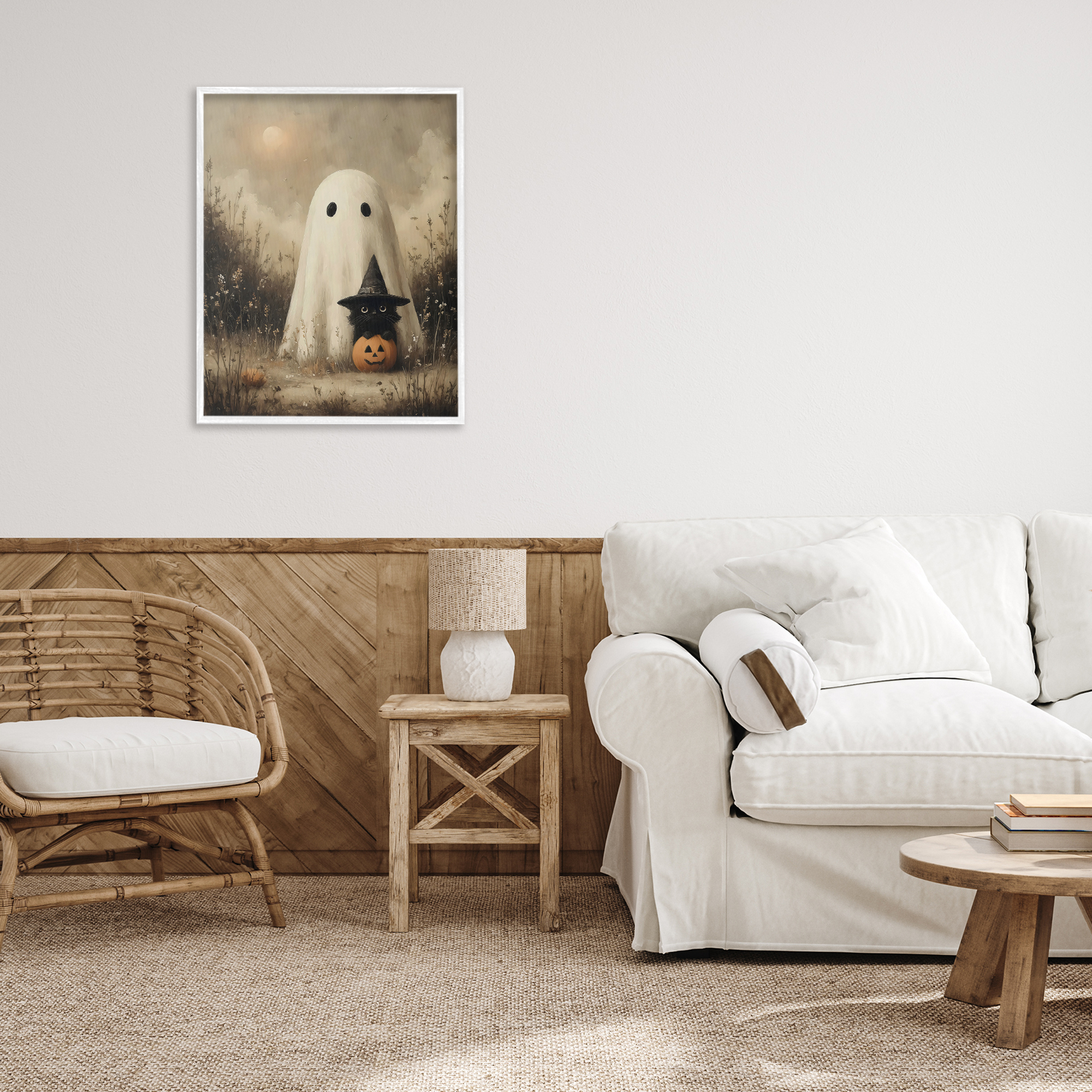 Ghost with Black Kitten White Framed Giclee Art, design by Arlington Prints
