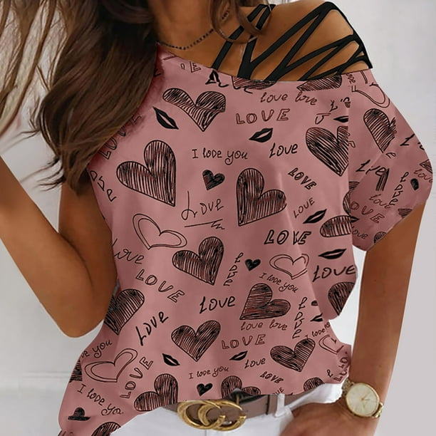 Pntutb Mujeres Verano O-cuello Manga Corta Amor Imprimir Sin Tirantes Camiseta tops Blusas Pntutb Pntutb-7117