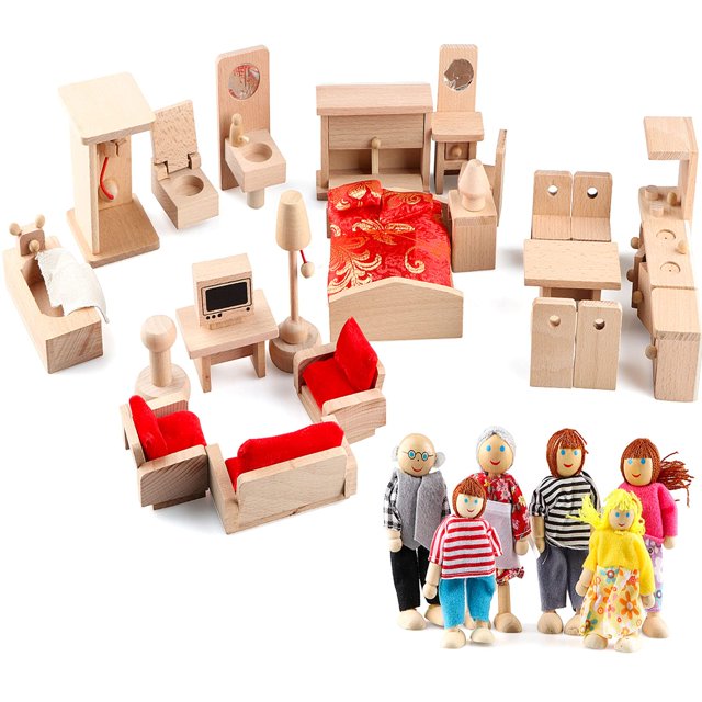 5 juegos de accesorios para muebles de casa de muñecas baño de madera/sala de estar/comedor/dormitorio/cocina casa 6 decoración de muñecas familiares juego de simulación niños regalos de cumpleaños de