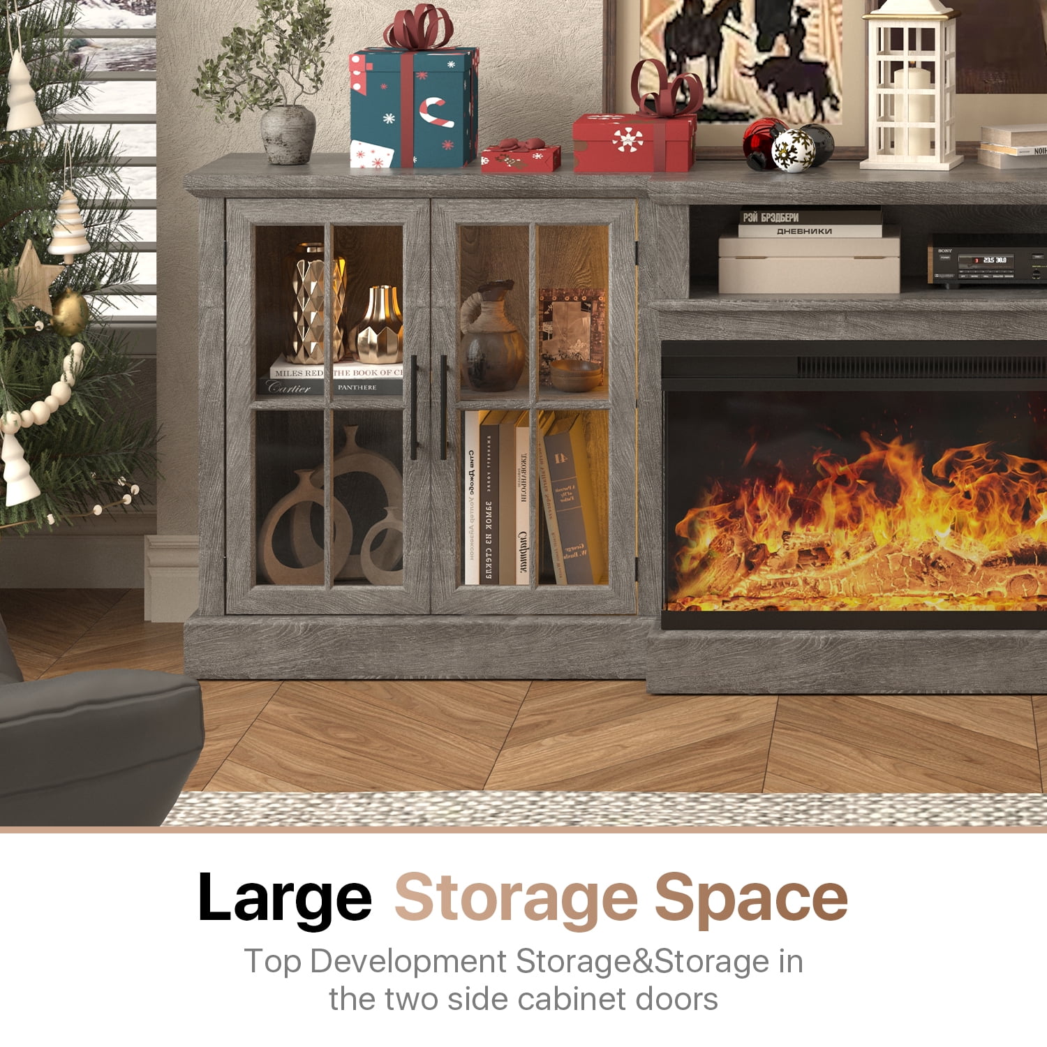 Sonegra 98" Farmhouse TV Stand with Fireplace for TVs up to 100", Media Entertainment Center with Adjustable Shelves and Large Storage Cabinets, for Living Room, Gray