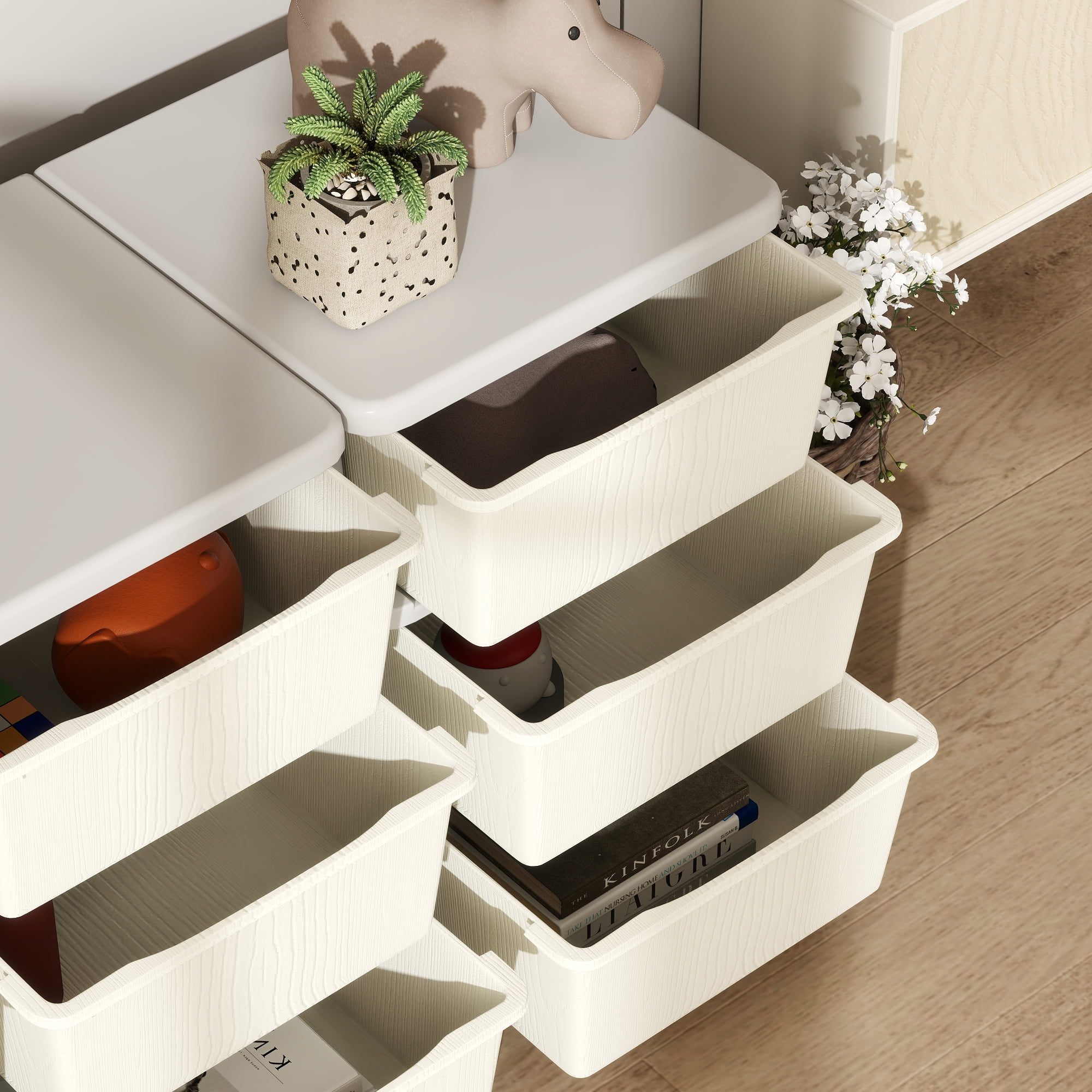 Qaba 3 Tier Kids Storage Unit w/ 9 Drawers Chest Toy Organizer Plastic Bins for Kids Bedroom Nursery Living Room for Boys Girls Toddlers, Cream White