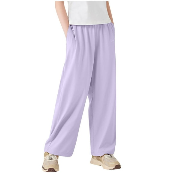 Lenpel Girls' Wide Leg Pants Lightweight Elastic Waist Athletic Casual Pants Summer Loose Trousers with Pockets 4-15 Y