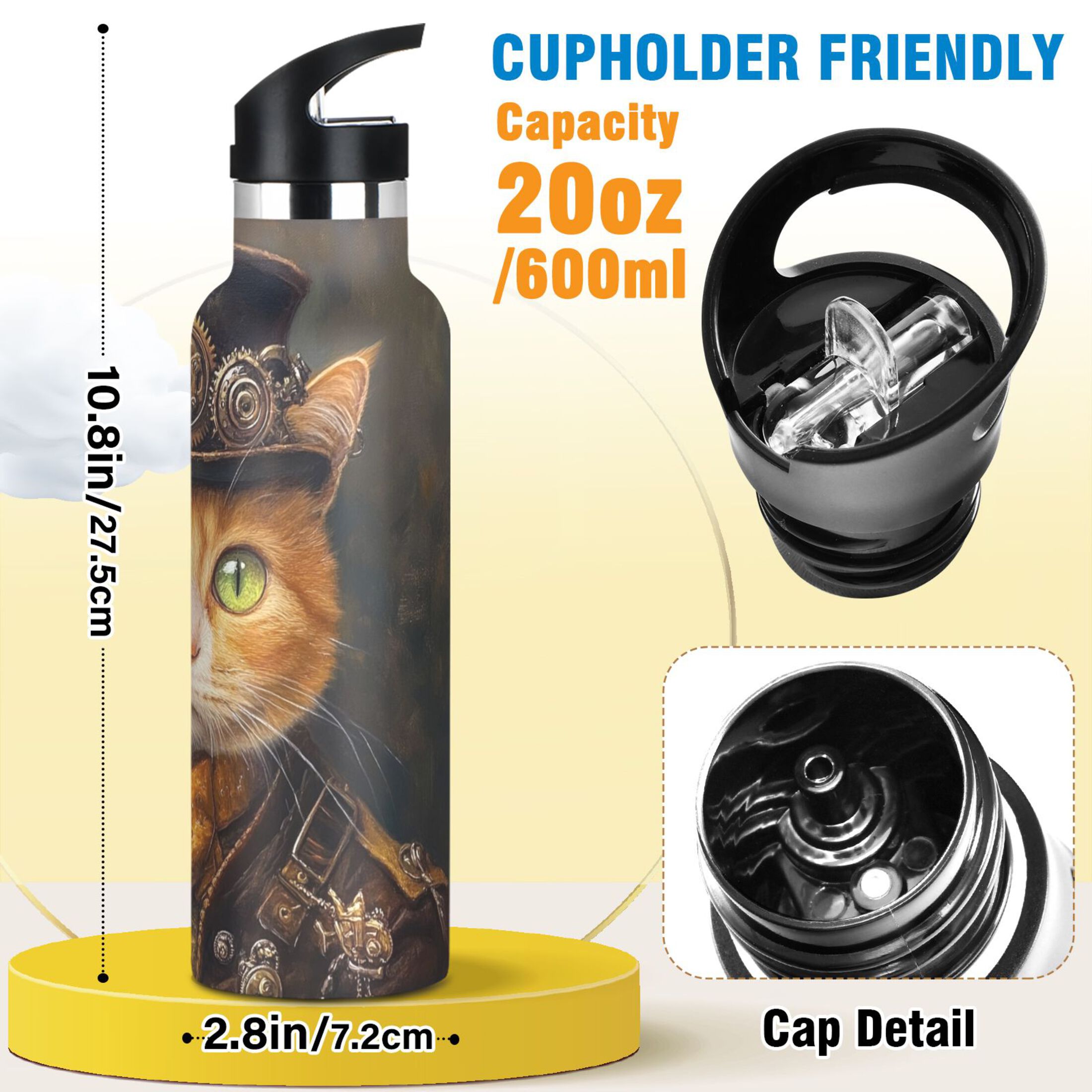 600ML Stainless Steel Insulated Cup Sports Water Bottle Portable Thermos Cup Water Glasses Insulated Tumblers Convenient and Durable Formal Cat