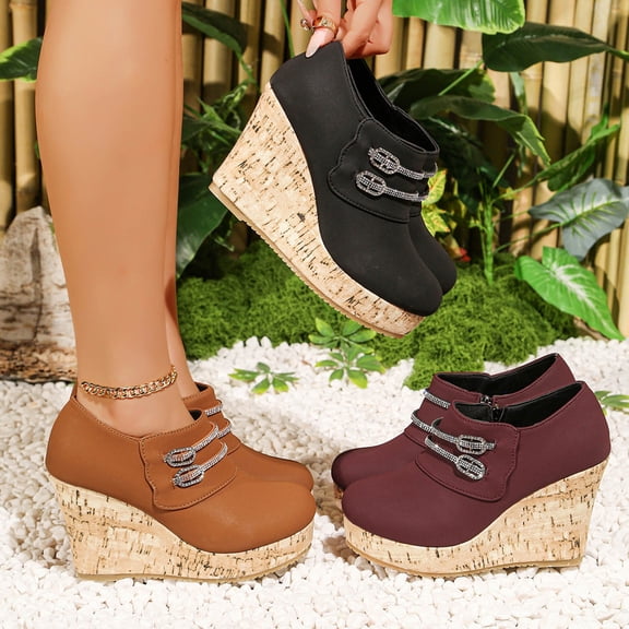 MUXiin Women Wedge Ankle Boots Short Bootie Close Round Toe Block High Heel Dress Shoes Suede Lace-up