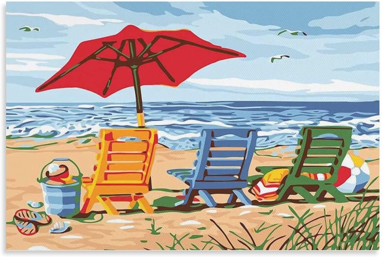 Posters Beach Wall Art Sun Umbrella Beach Bed Seagull Pickleball