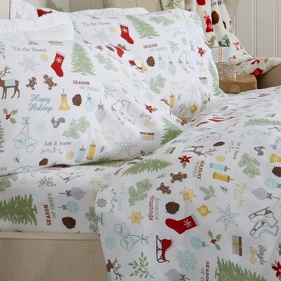 great Bay Home 100 Turkish cotton Queen Holiday Flannel Sheet Set Deep Pocket Fitted Sheet, Soft christmas Sheets Warm Bed Sheets Anti-Pill Flannel Sheets (Queen, Holiday Time)