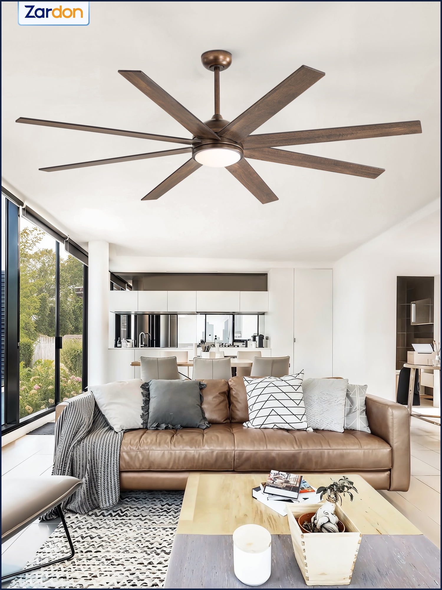 Zardon 72 inch Large Ceiling Fan with Light and Remote, Modern Ceiling Fan with 8 Reversible Blades, 6 Speed, for Indoor Outdoor, Bronze