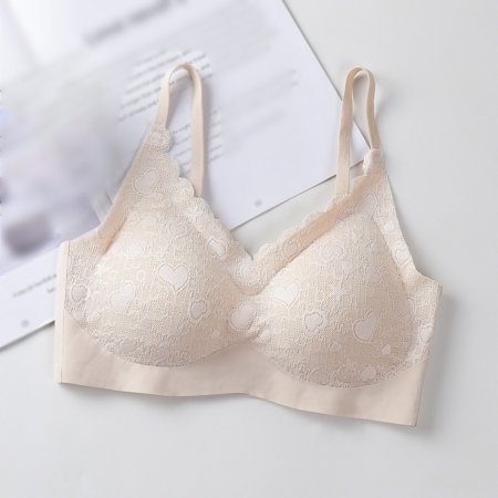 

Comfortable Bralette With Latex Pad Breathable Summer Lace Brassiere Push Up Wireless Bra Seamless Lingerie Beige M