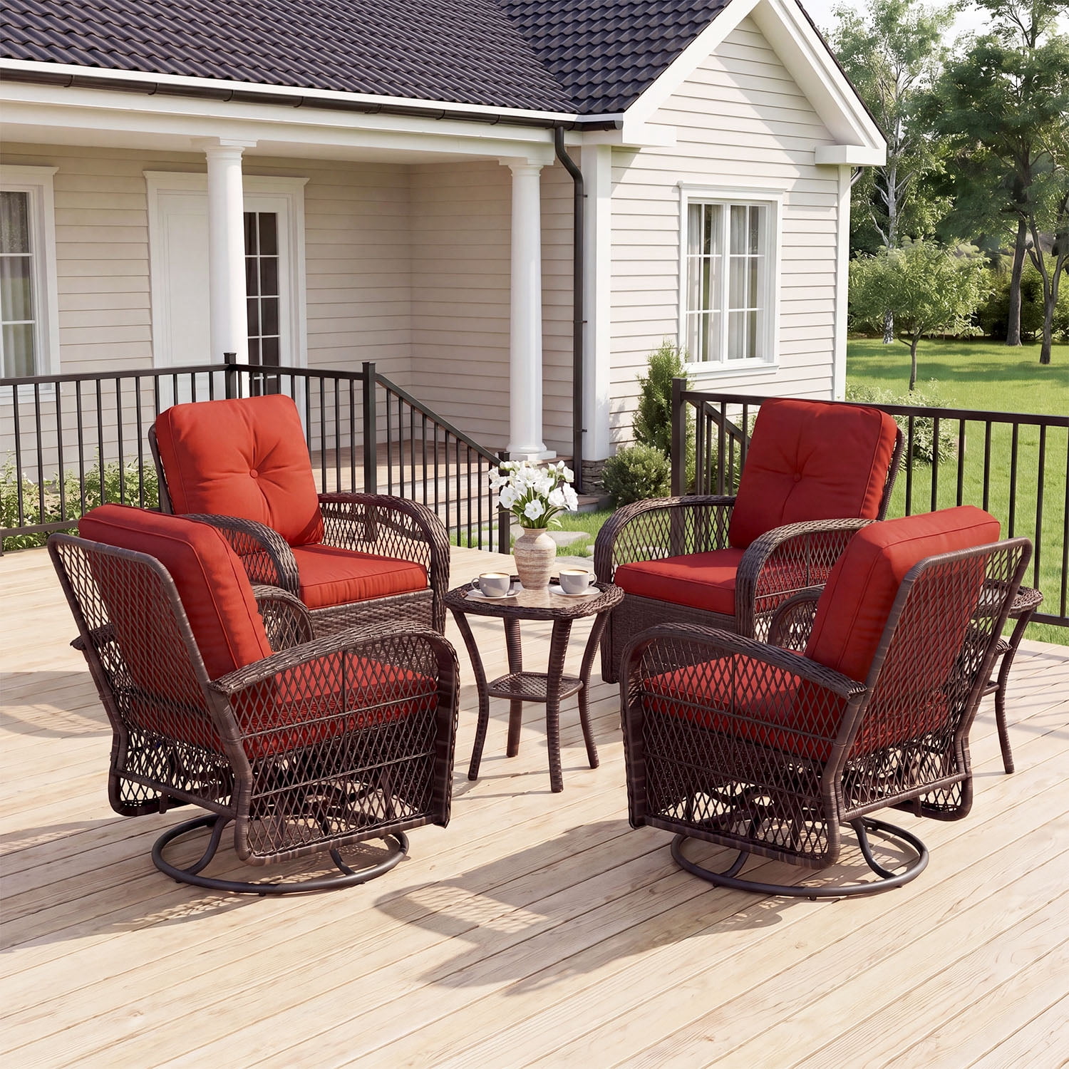 BaPiPro 6-Piece Outdoor Swivel Rocker Wicker Patio Furniture Set, All-Weather Resistant Brown Rattan Conversation Set with Wine Red Cushions & Tempered Glass Side Tables for Porch, Deck, Backyard
