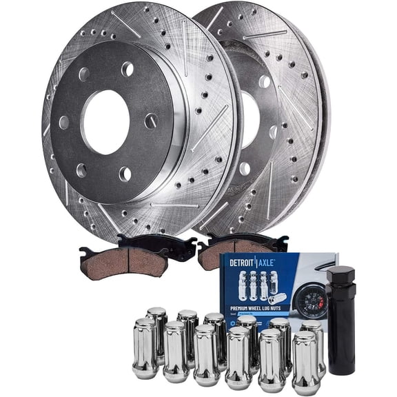 Detroit Axle - Rear Drilled Rotors & Brake Pads   12pc Wheel Lug Nuts w/ key Replacement for Chevy GMC Traverse Enclave Acadia Outlook - 17pc Set