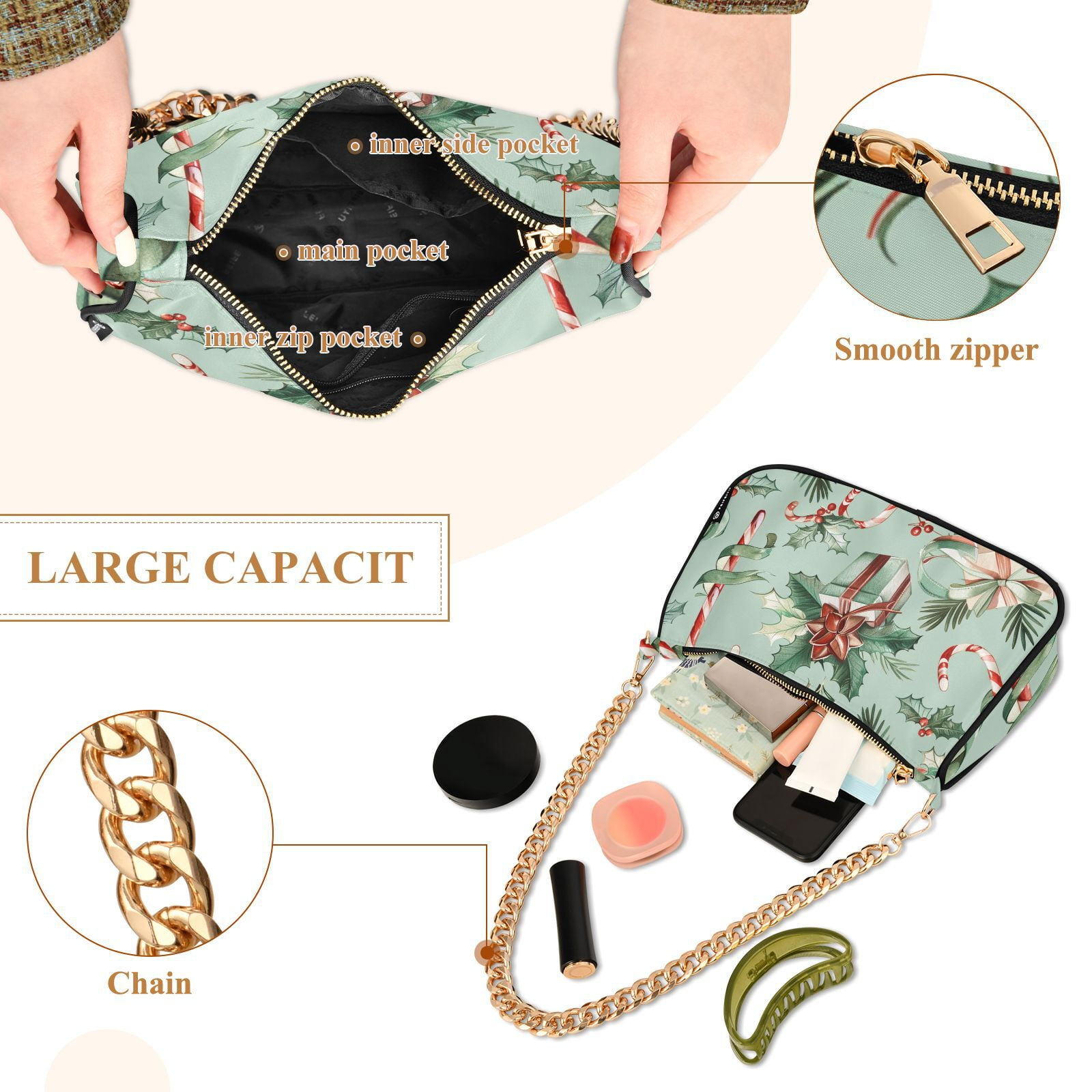 Christmas Candy Canes Gifts and RibbonsWomen Small Shoulder Bag Crossbody Tote Hobo Bags Purse Clutch Handbags with Chain Strap for Women