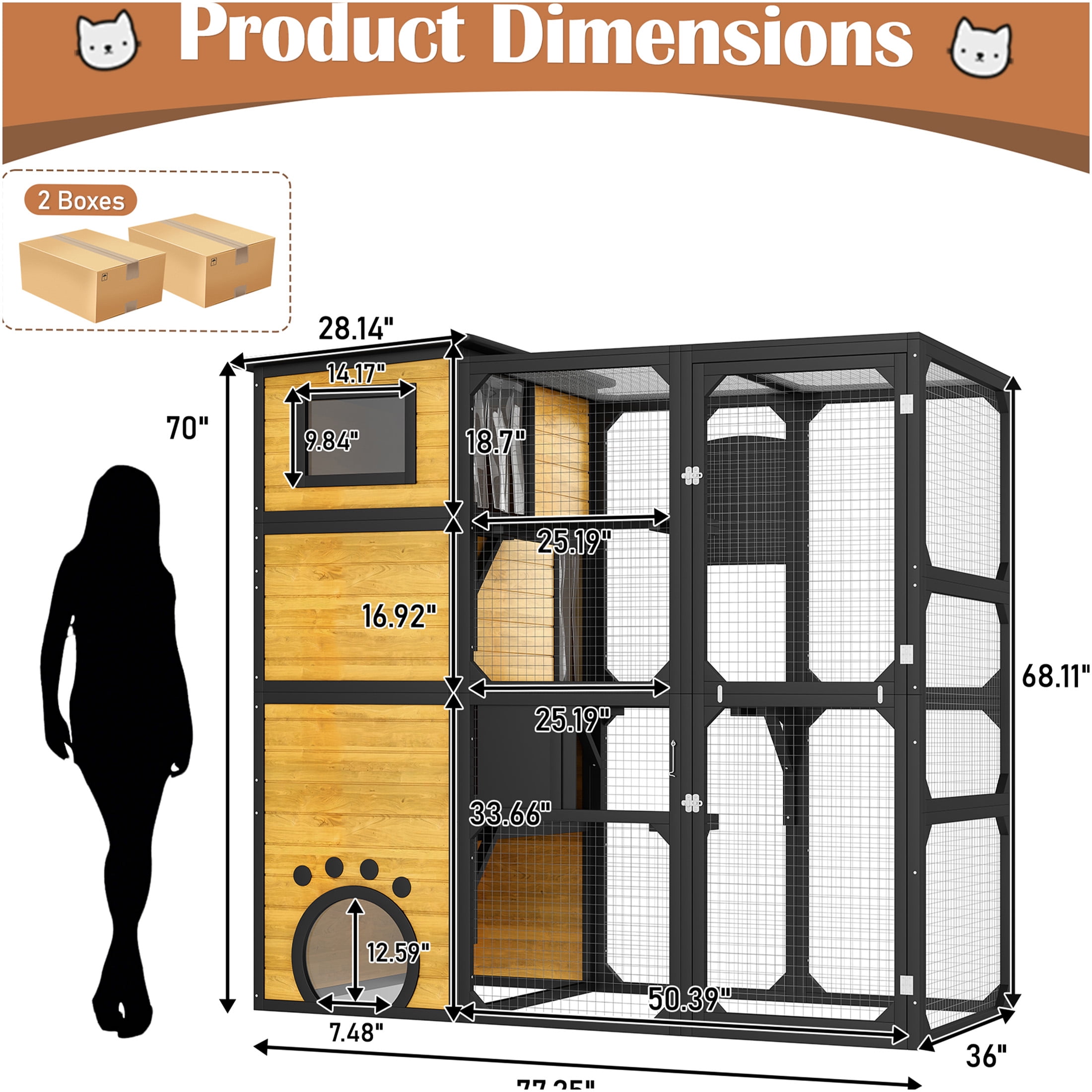 JERFIT 4-Tier Outdoor Catio Enclosure with Window Attachment, Weatherproof Large Cat House with Platforms, Lounges & Asphalt Roof for Multiple Pets, Brown
