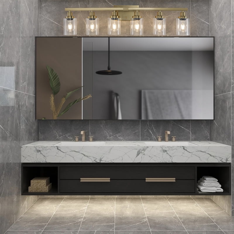 37" Gold 6-Light Bathroom Vanity Light Fixture, Modern Wall Sconce with Clear Glass Shades, Bathroom Light Fixtures Over Mirror for Vanity, Dressing Table, Hallway (Bulbs Not Included)