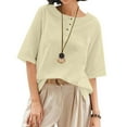 thumbnail image 2 of Htigea Cotton Linen Shirts for Women 2025 Summer Short Sleeve V Neck Button Down Tops Dressy Casual Oversized Tshirts Beige,L, 2 of 6