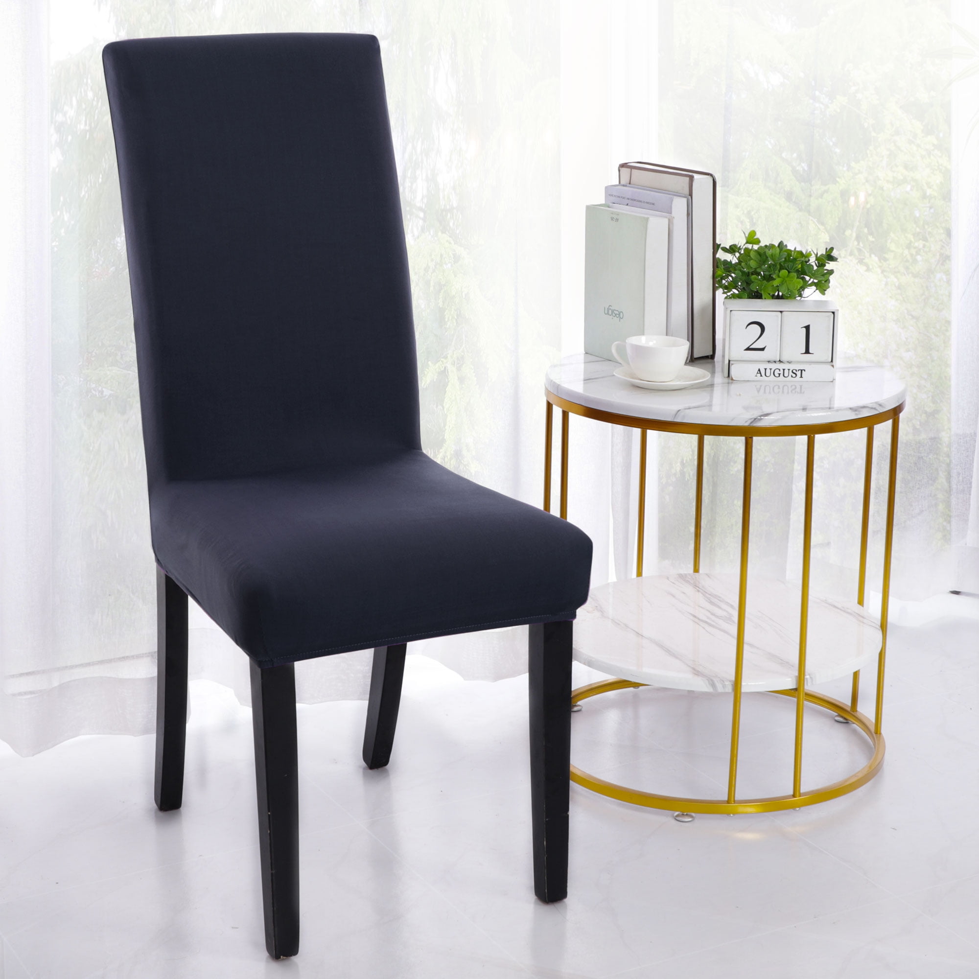 Stretch Dining Room Chair Cover for Shorty Parson Chair Dark Blue