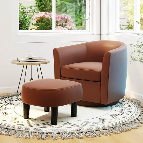 Costway Swivel Barrel Chair with Ottoman Footrest Curved Backrest & Armrests Living Room Brown
