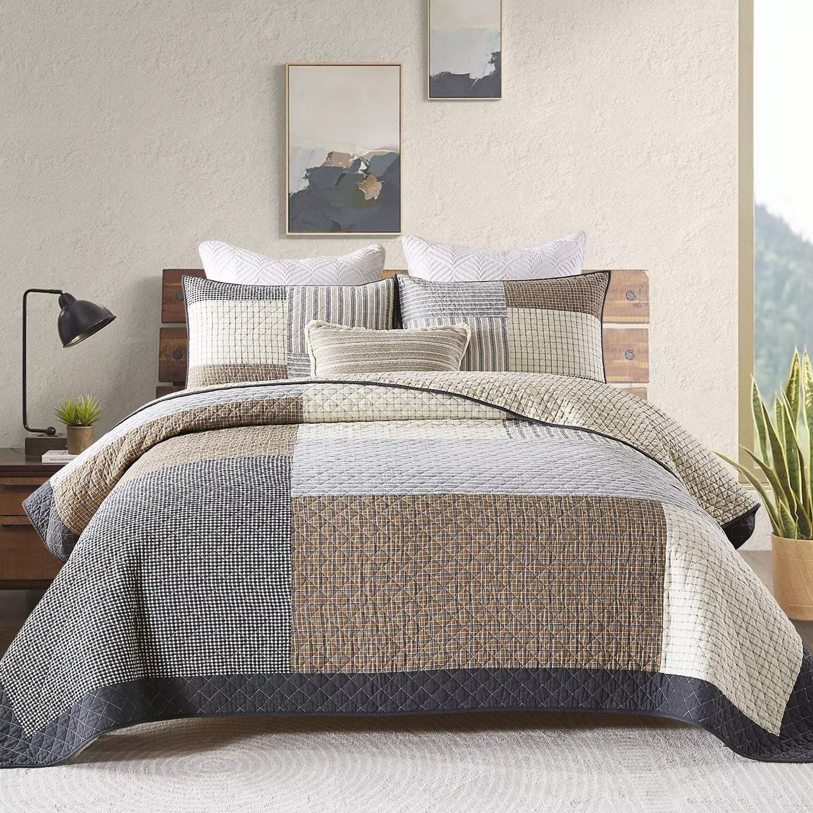 Bedduvit Quilt for King Bed - 100% Cotton Blue Gray Floral Real-Patchwork  Plaid Striped Farmhouse King Quilt Bedspread, Reversible Modern  Spring/Winter Lightweight Comforter Set, 3-Piece (98x106) 