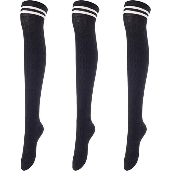 Lovely Annie Big Girl's Women's 3 Pairs Incredible Durable Super Soft Unique Over Knee High Thigh High Cotton Socks Size 6-9 A1023(Black)