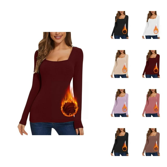 Womens Long Sleeve Shirts 2026 Fall Winter Basic Square Neck Slim Fit Breathable Undershirt T Shirt