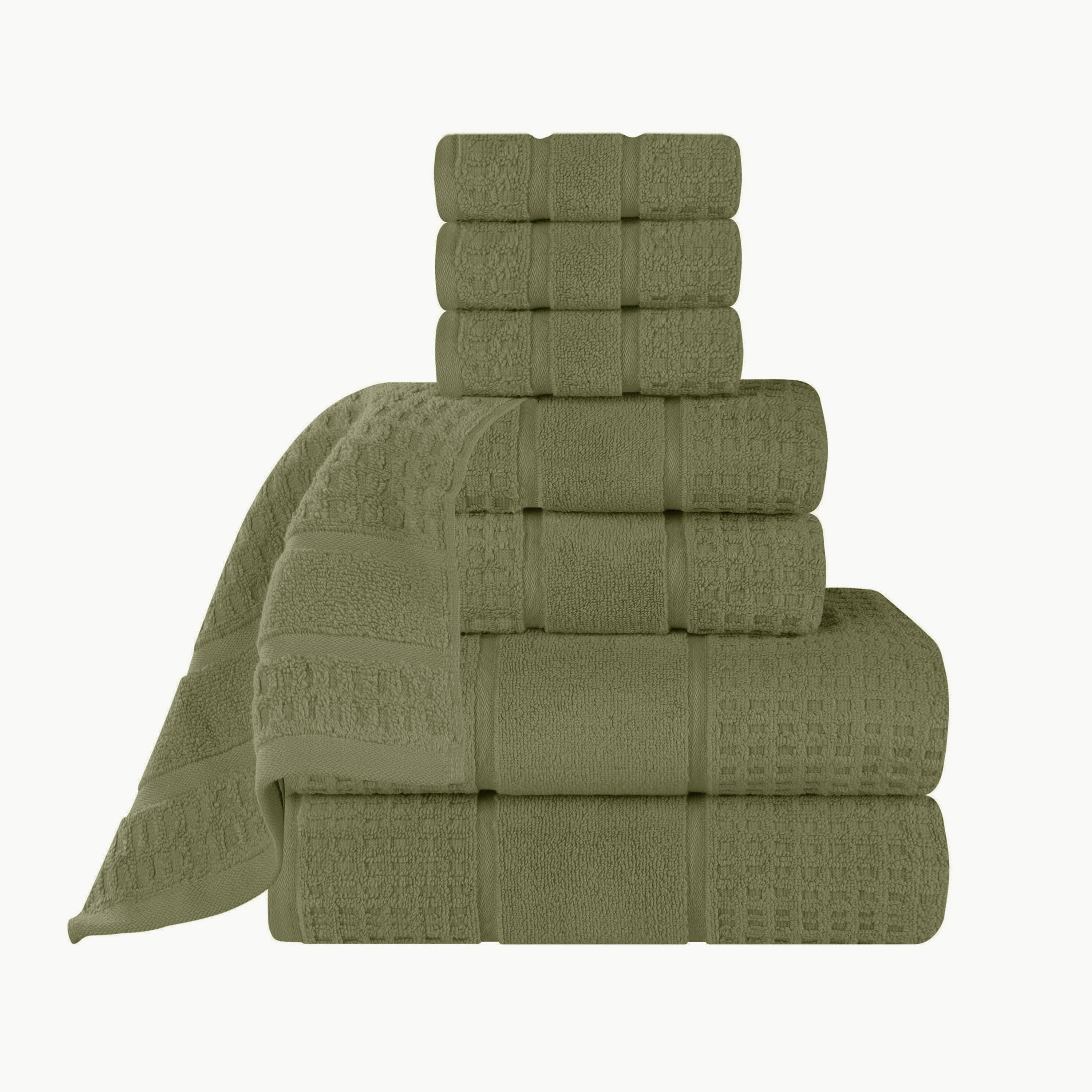 Superior Zero Twist 8-Piece Cotton Towel Set, Waffle Border Ultra Doft Quick Dry Towels, Forest Green