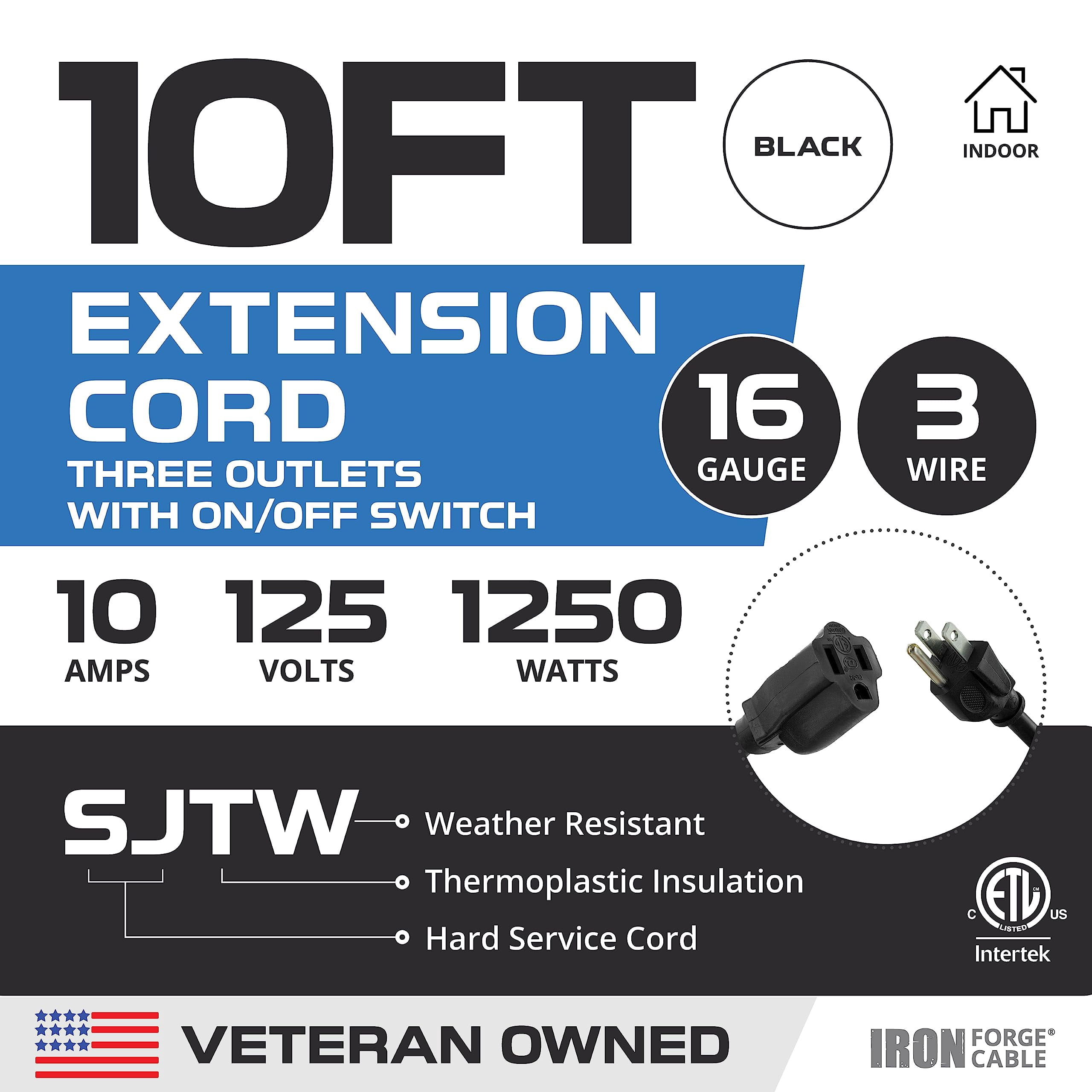 Iron Forge Cable 10 Ft Black Extension Cord with Inline Switch On/Off, 16/3 SJTW 3 Prong with in Line Switch On Off Power -10 AMP Cord - ETL Listed