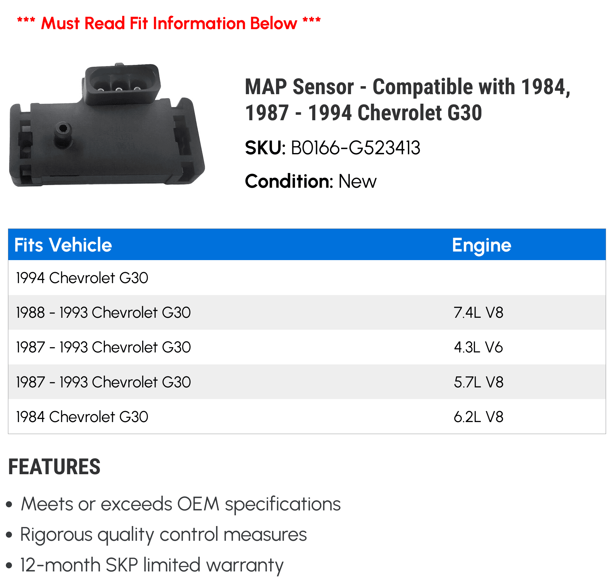 MAP Sensor - Compatible with 1984, 1987 - 1994 Chevy G30 1988 1989 1990 1991 1992 1993