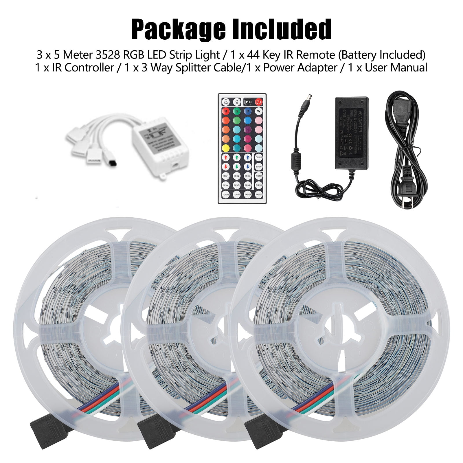 LED Strip Lights,Flexible Color Changing LED Strip Lights 49.2ft/15M RGB LED Light Strip SMD3528 LED Tape Lights with Remote Controller and 12V Power Supply for Home, Bedroom, Kitchen