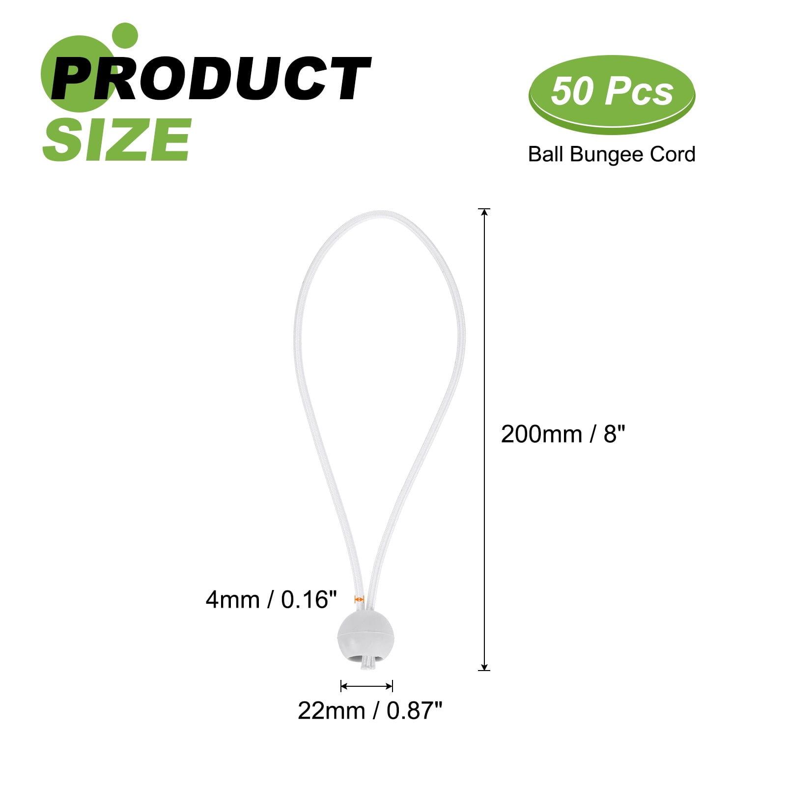 Ball Bungee Cord 8 Inch, 50 Pcs Bungee Cords with Balls Canopy Tarp Tie Downs Cords Elastic String for Outdoor Camping Cargo Shelter Tent Poles, White