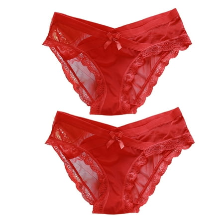 

HEVIRGO 2Pcs Women Sexy Solid Color Lace Trim Bow Decor Low Waist Ultrathin Elastic Briefs
