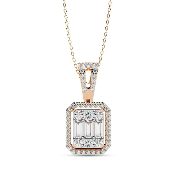 IGI Certified Lab Grown Diamond Halo Pendant Necklace for Women | Baguette And Round Cut Diamond Necklace with 18 Inch Chain 18K Solid Rose Gold F-G, VS-SI Quality (0.70 Ctw)