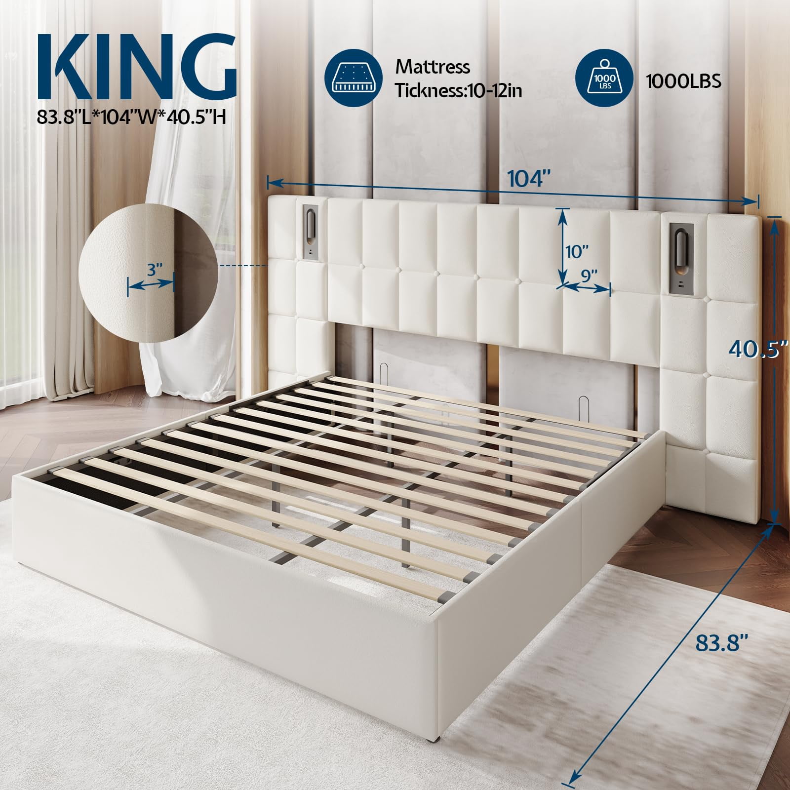 Merluxy King Size Upholstered Bed Frame with Widened Headboard,Lift-Up Storage Bed and Built-In Reading Light, Velvet Platform Frame,Cream