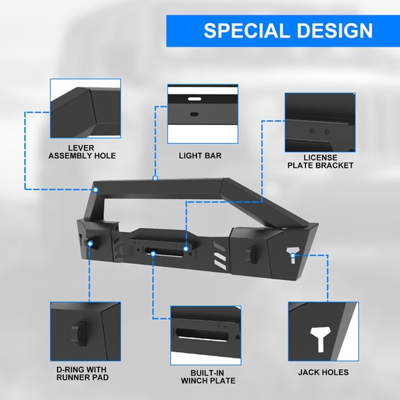 Front Bumper Fit for 2007-2018 Jeep Wrangler JK, Off Road Front Bumper Fit for 2018-2026 Jeep Wrangler JL, Steel Bumper for 2019-2026 Jeep Gladiator JT w/D-Ring Shackles & Pod Lights