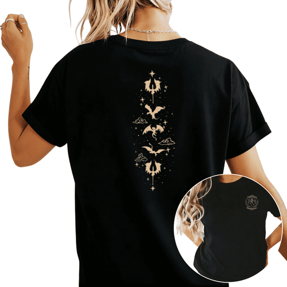 Women's Golden Dragon Star Cloud Graphic T Shirt Fantasy Dragon Rider Print Boho Casual Short Sleeve Round Neck Top Black S-5XL
