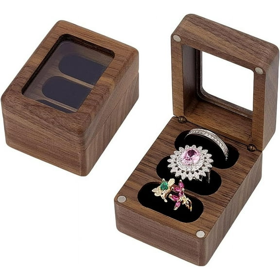 Wood 3 Slot Ring Box with Glass Lid for Wedding Proposal Walnut Wood Ring Bearer Box Cube Flip Box 3 Ring Storage Box with Clear Lid for Engagement Anniversary 2.3x1.9x1.6 Inch